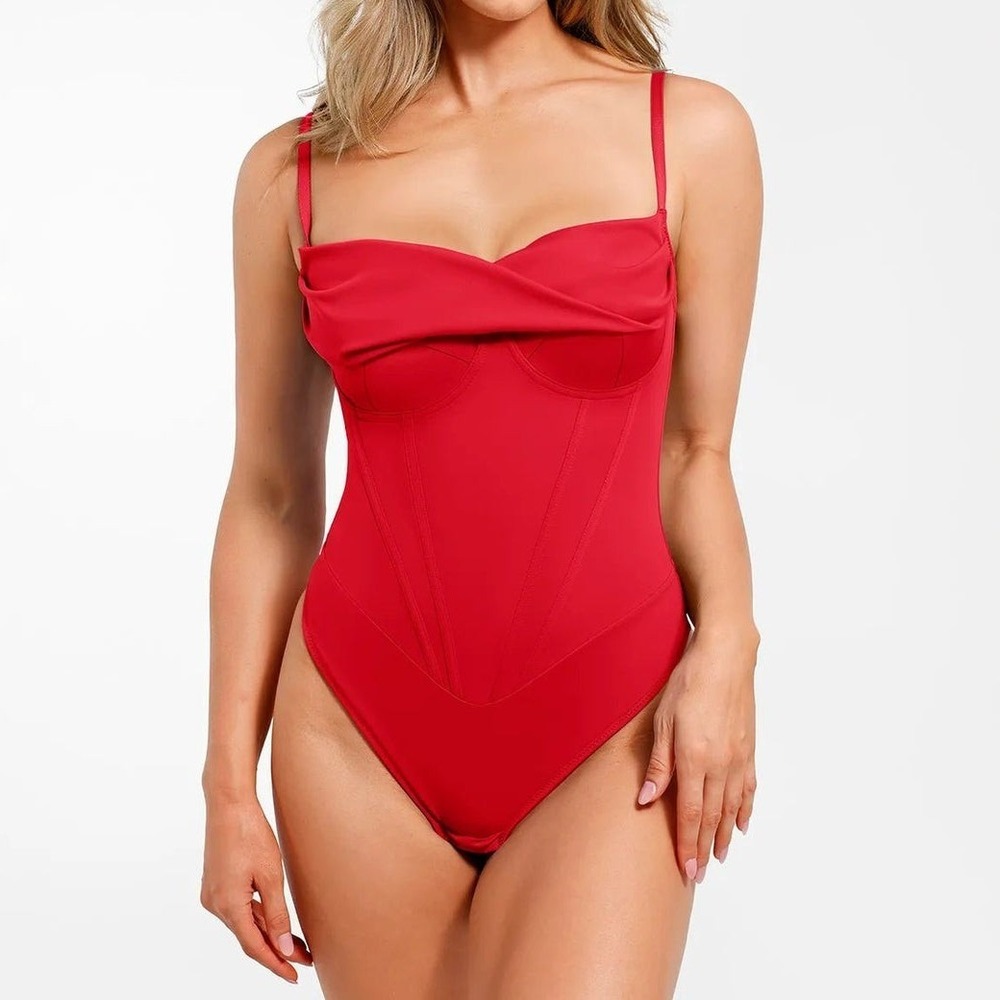 Popilush Shapewear Hourglass Corset Bust Draping Bodysuit Red Womens Size XS